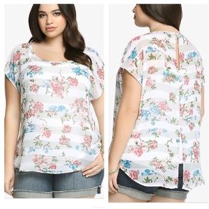 Torrid Floral Stripe Semi Sheer Button Back Blouse